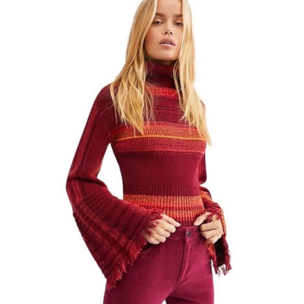FREE PEOPLE CLOSE TO ME STRIPED COWL NECK PULLOVER - berry